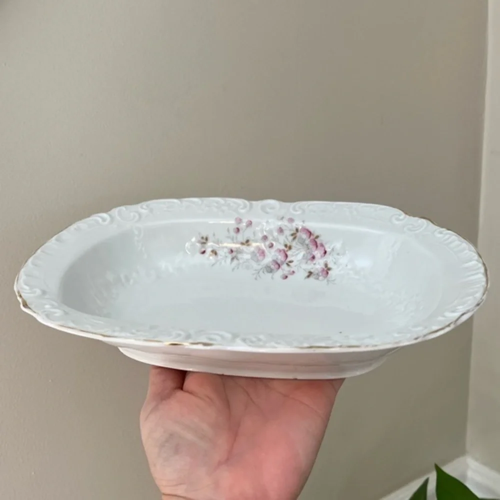 Vintage Victoria Austria Vegetable Side Dish White with Petite Pink Flowers